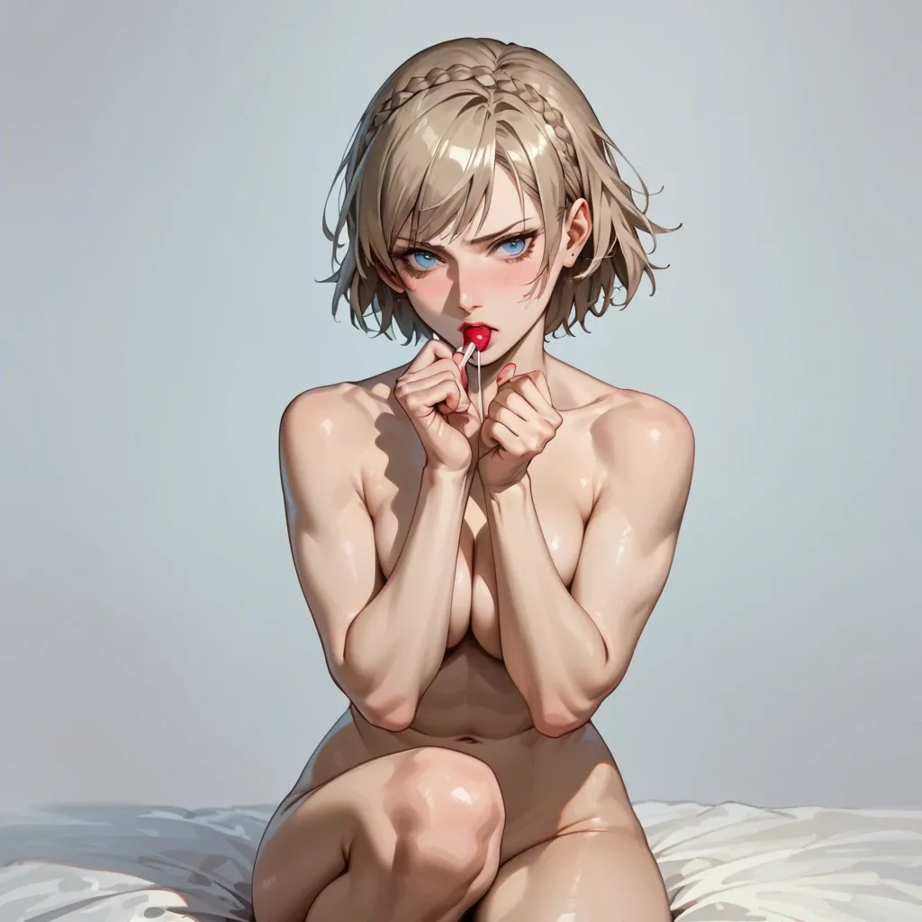 Makoto nijima, ann takamaki, lollipop, seductive gaze, sitting ,nude, shy pose