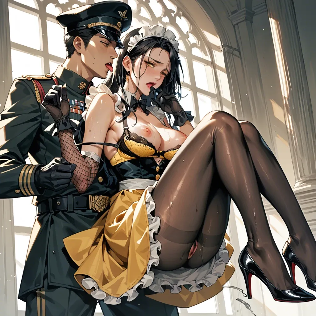 1girl,1boy, , , , sexy mole,licking feet,pointy nipples,backlighting,buried knees, yellow dress,black pantyhose,military