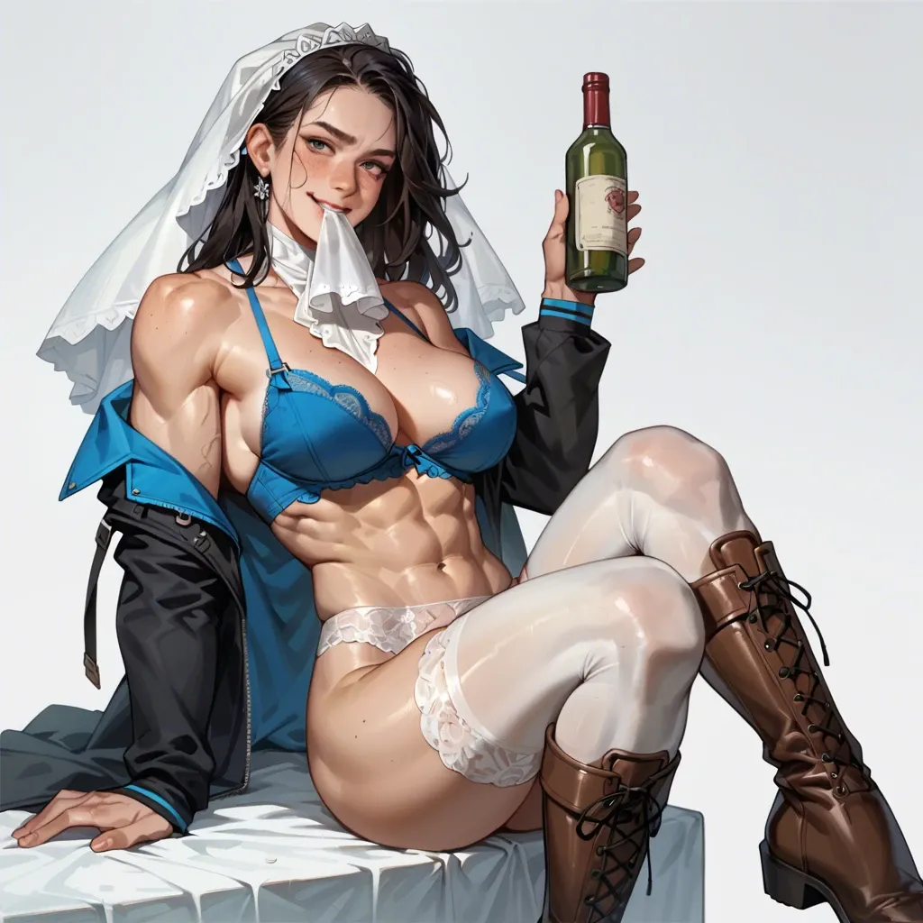 1girl,solo, , , , bottle in mouth,muscle legs,swollen nipple,chest up,wide shoulders, freckled,warm smile,big breasts,slim waist,bare shoulders, open uniform,stockings,white veil,blue bra,knee boots, collared shirt,white stockings,red bowtie,no bra,heels, white dress,socks,nipple rings,mini skirt bra,armored boots, nobara, in a garden, medieval dress, princess zelda, anna frozen