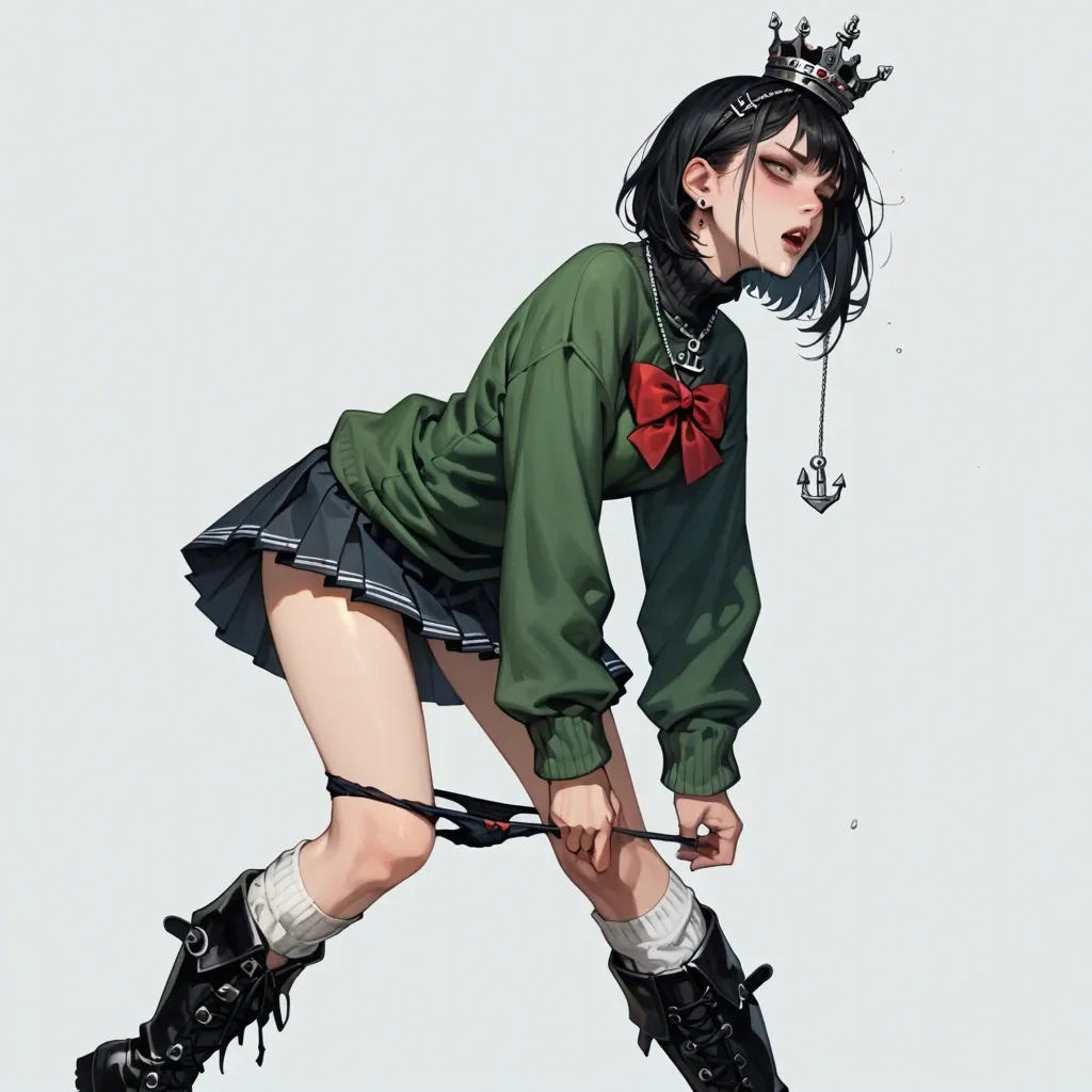 1girl,solo, , , , pinching,hand,round tits,arched back,detailed skins, sweater lift,baggy socks,crown,panties down,gothic boots, pleated skirt,anchor necklace,red bowtie,green bodysuit,sneakers, bedroom, on beach, robot girl, link, rapunzel waifu