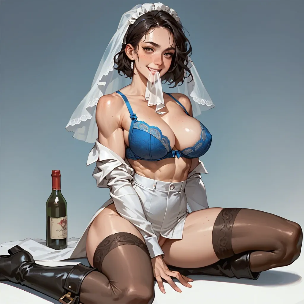 1girl,solo, , , , bottle in mouth,muscle legs,swollen nipple,chest up,wide shoulders, freckled,warm smile,big breasts,slim waist,bare shoulders, open uniform,stockings,white veil,blue bra,knee boots, collared shirt,white stockings,red bowtie,no bra,heels, white dress,socks,nipple rings,mini skirt bra,armored boots, nobara, in a garden, medieval dress, princess zelda, anna frozen