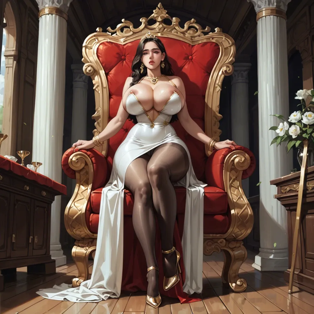 1 girl, , , , rosy cheeks, perky breasts, hips, cheekbones, ankle, huge breasts, farm bottom, skintight, silk dress, black pantyhose, gold tiara, stiletto heels, leggings, gold bracelets, heels tall, throne room, android 18, anime, sunlight, Tsunade Senju