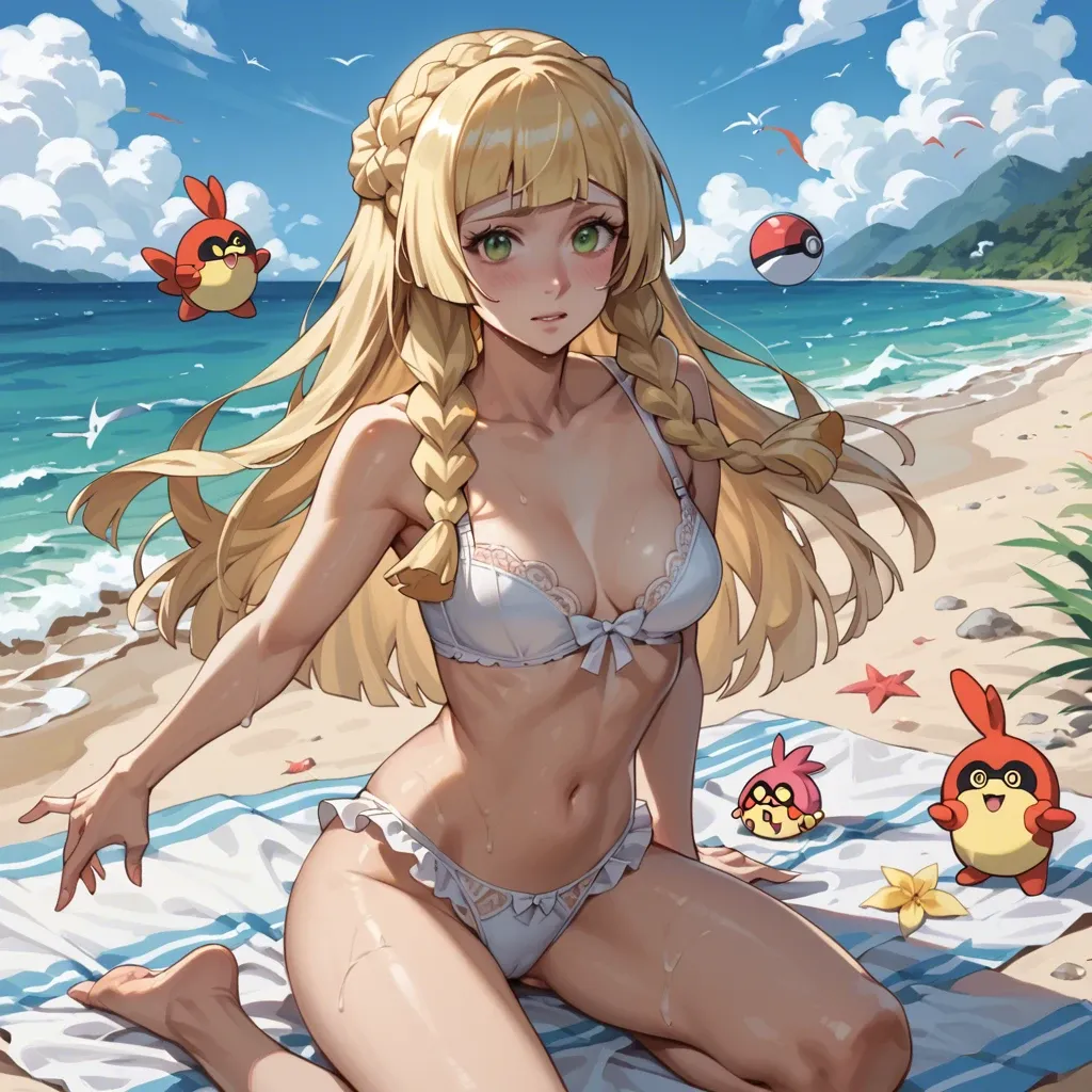 Pokemon, Lillie on a beach, white lingerie, beautiful, cute, chibi