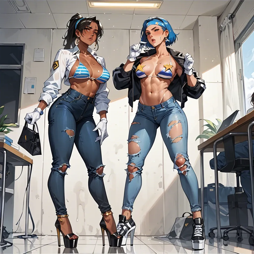 2girl, , , , cheek bulge,blue doll arms,nipple sticker,high waisted,dark skinned, jacket,striped bikini,headband,bikini,black sneakers, torn jeans,gold anklets,white gloves,wet bra,platform heels, office outfit, daphne blake, medieval tavern, uncomfortable, rapunzel waifu