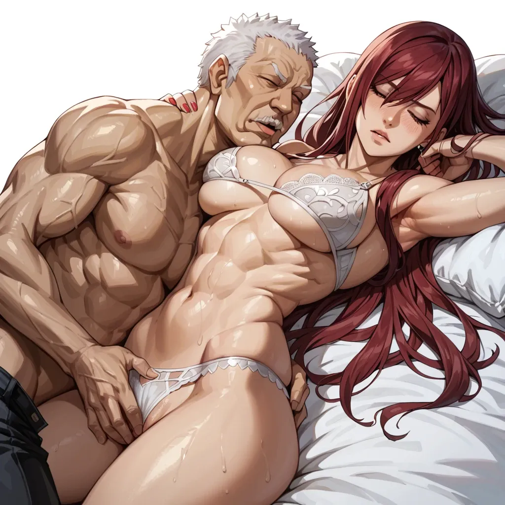 erza scarlet of fairy tail, image refer from anime, wearing clothes and bra from erza fairy tail anime series, Wear a full set of the clothes, medium breasts, tall girl, thin body, erza deep sleeping, a fat old man Do it secretly inserting cock in mouth erza, Without her knowing