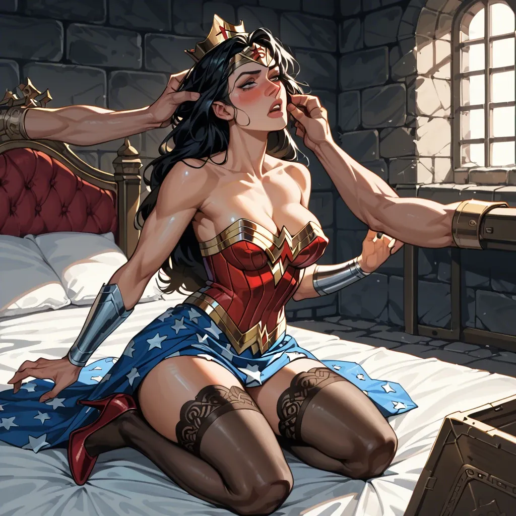 2girl, , , , nose blush,4 fingers,puffy nipple,grabbing head,off shoulders, blouse,black stockings,crown,corset,stiletto heels, bedroom, airfield, dungeon, digital art, lowlight, wonder woman, dynamic pos