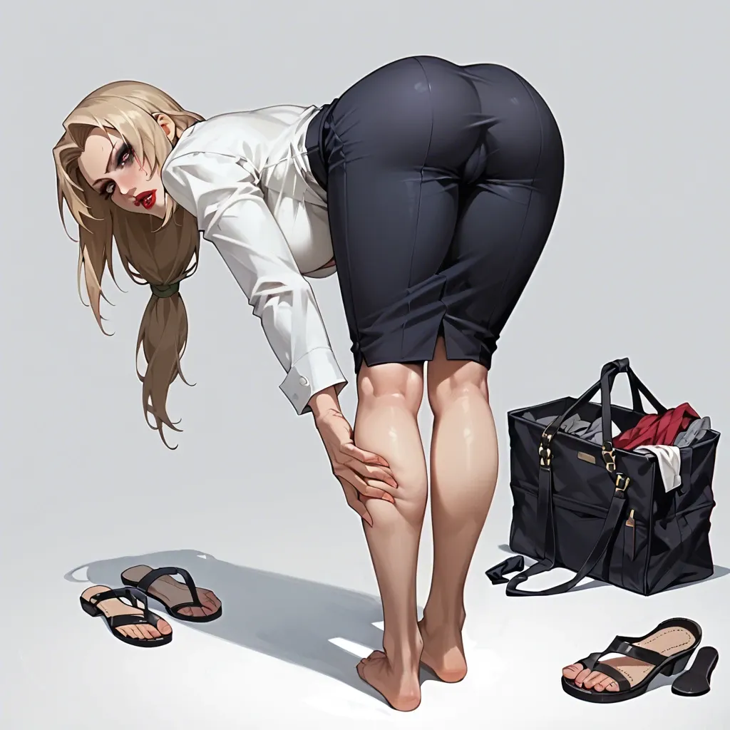 Tsunade, business suit, mascara tears, runny lipstick, barefoot, clothed female, bent over, presenting soles, removed pantyhose, removed sandals