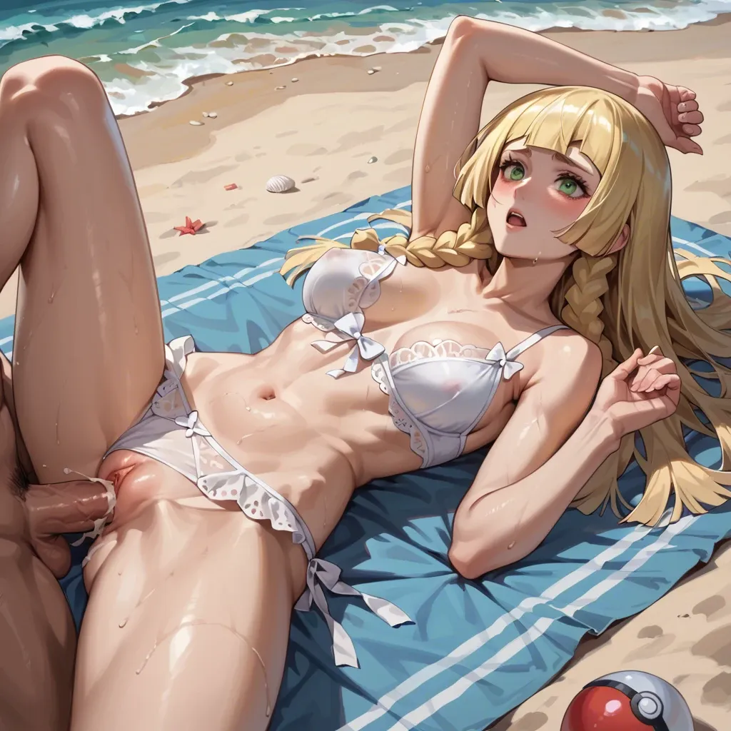 Pokemon, Lillie on a beach, white lingerie, beautiful, cute, Pokemon anime style