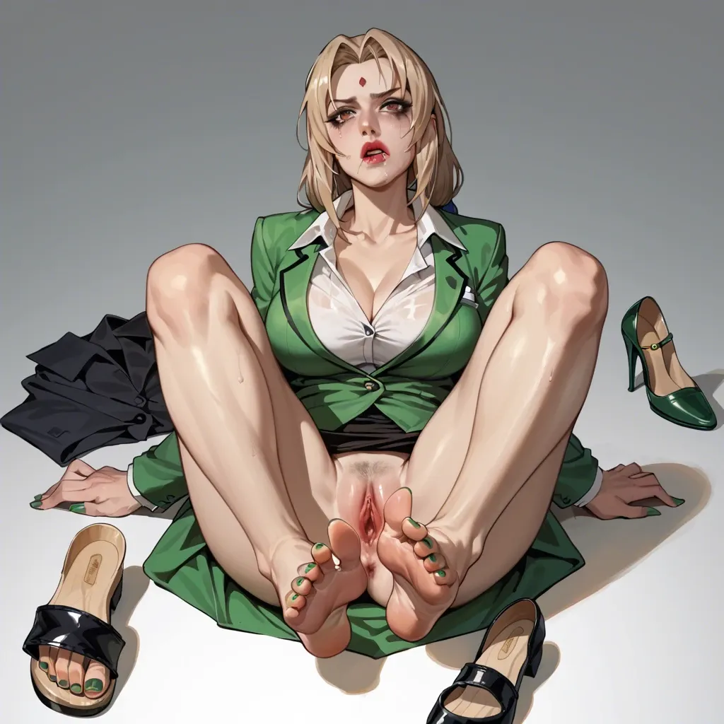 Tsunade, business suit, mascara tears, runny lipstick, barefoot, clothed female, presenting soles, tearing pantyhose, removed sandals, green toenails,