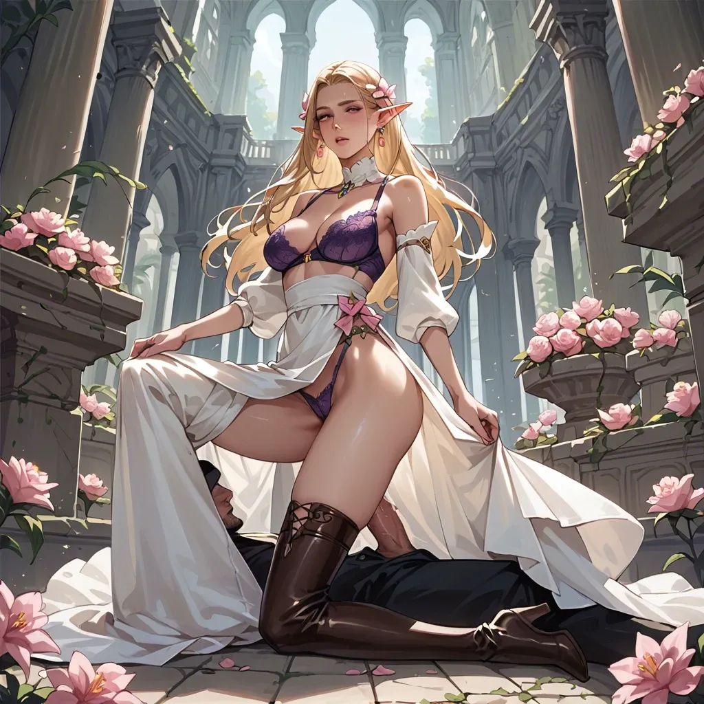 female dhampire, elf ear  blonde hair, pink flower in the hair, white blouse, purple bra on top, thigh slit long skirt, thigh high boot, full body