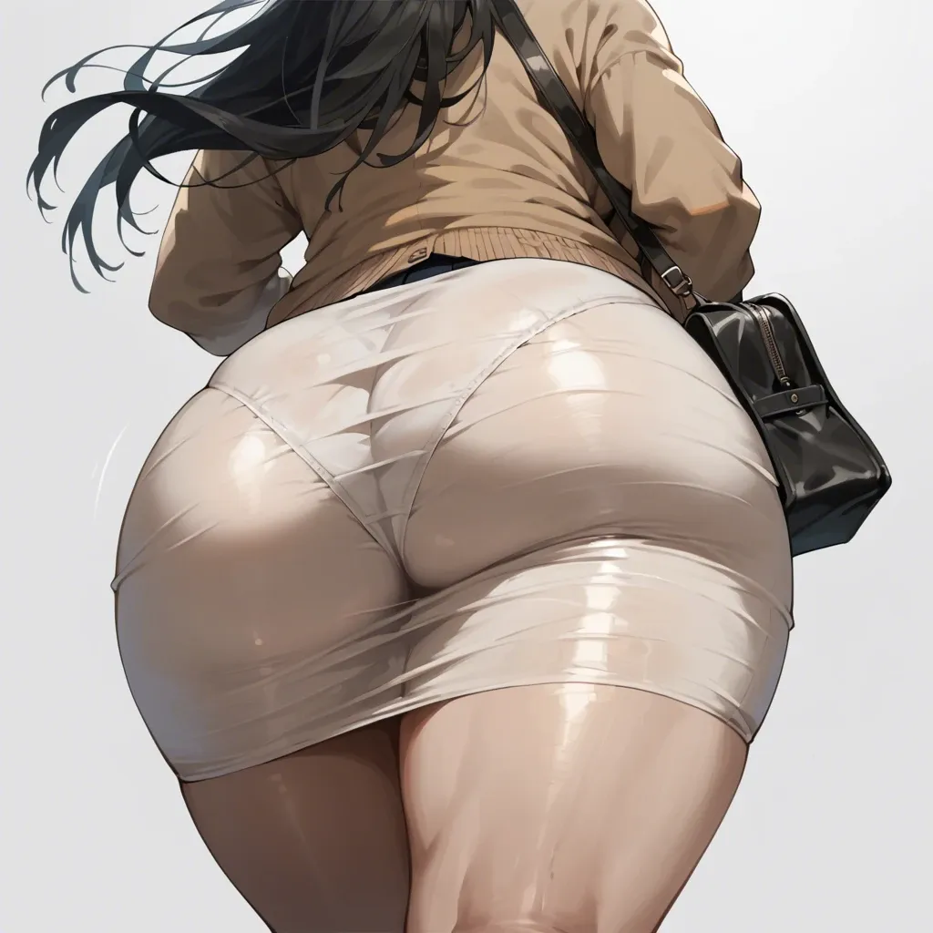 solo,tight skirt,looking ahead,dutch angle,panties,uptightskirt,huge butts,from behind,butts focus,ass focus,behind the face,back focus,cardigan,low angle, black long hair,shoulder bag,simple background,walking,