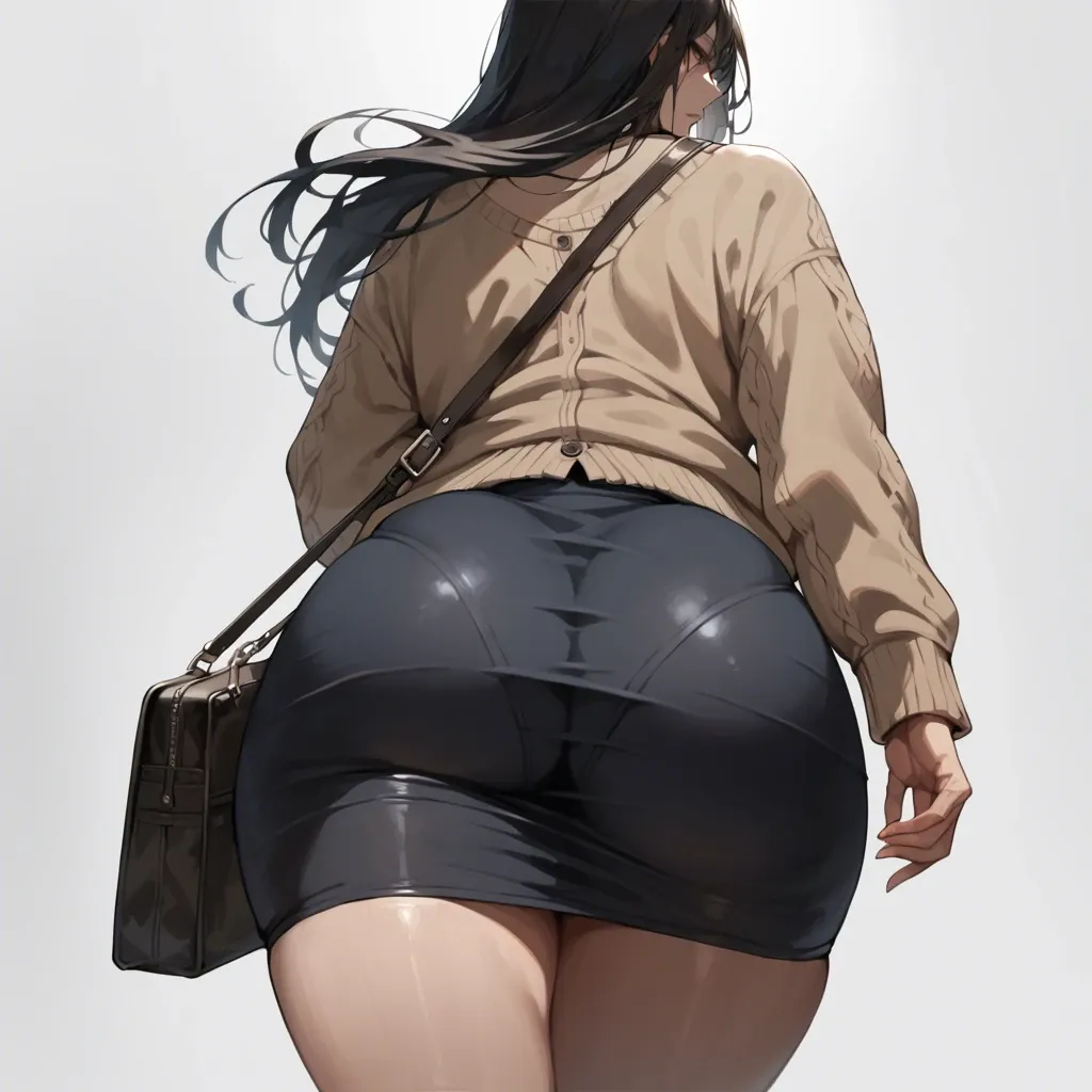 solo,tight skirt,looking ahead,dutch angle,panties,uptightskirt,huge butts,from behind,butts focus,ass focus,behind the face,back focus,cardigan,low angle, black long hair,shoulder bag,simple background,walking,