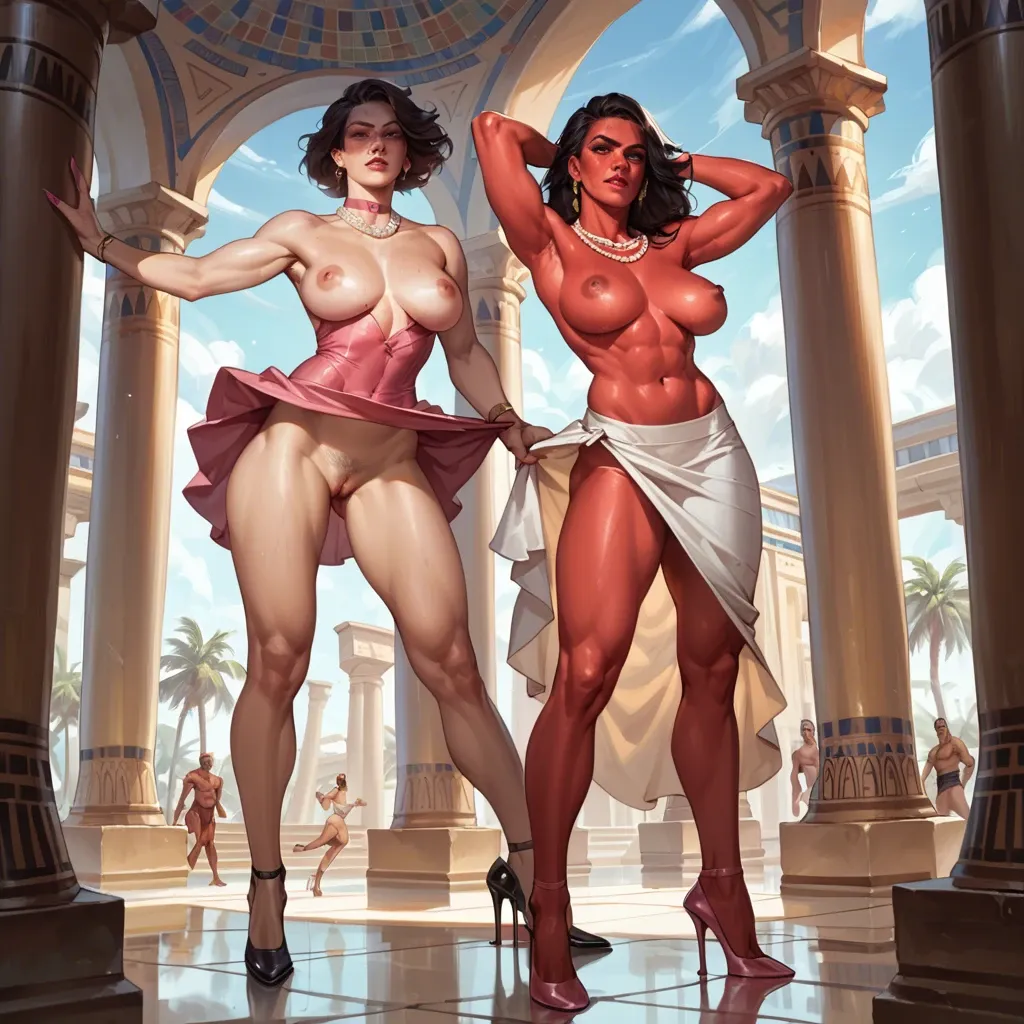 2girl, , , , facial freckles,high heels,round breasts,pecs,red skin, slippery nipple,spread armpits,big perky boobs,fabrics,pearl necklace, skirt lift,egyptian palace,pink choker,no panties,ballet shoes, in a gym, sparkles, medieval tavern, anime, dark blue hair, princess peach