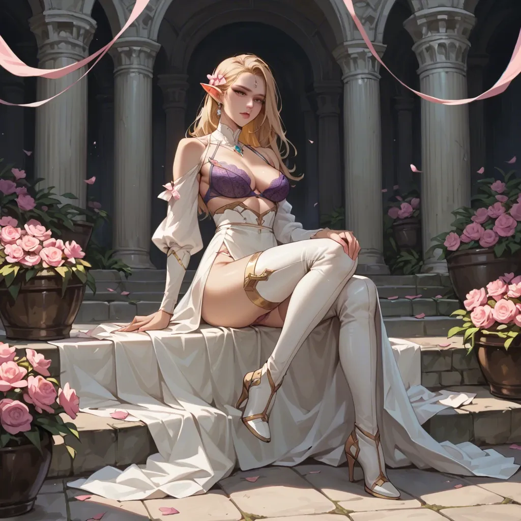 female dhampire, elf ear  blonde hair, pink flower in the hair, white blouse, purple bra on top, thigh slit long skirt, thigh high boot, full body