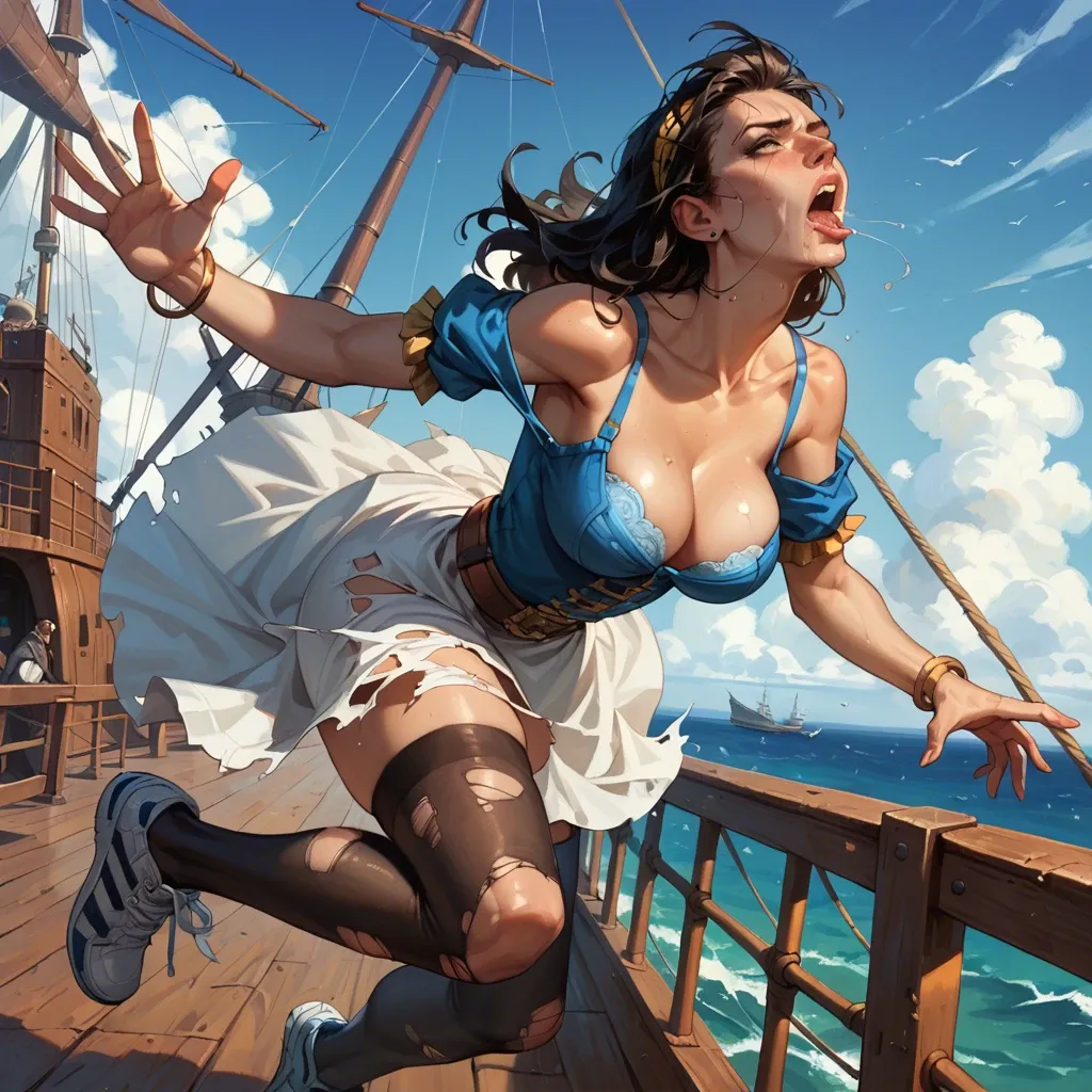 1girl,solo, , , , reaching back,footwear,huge boobs,waists,broad shoulders, cheek,hand on breast,perky boobs,pirate ship,deepthroat sex, dress,torn thighhighs,bracelets,blue bra,sneakers, pants pull,white socks,cap,black lace bra,heels, barn background, garden, medieval prison, zelda