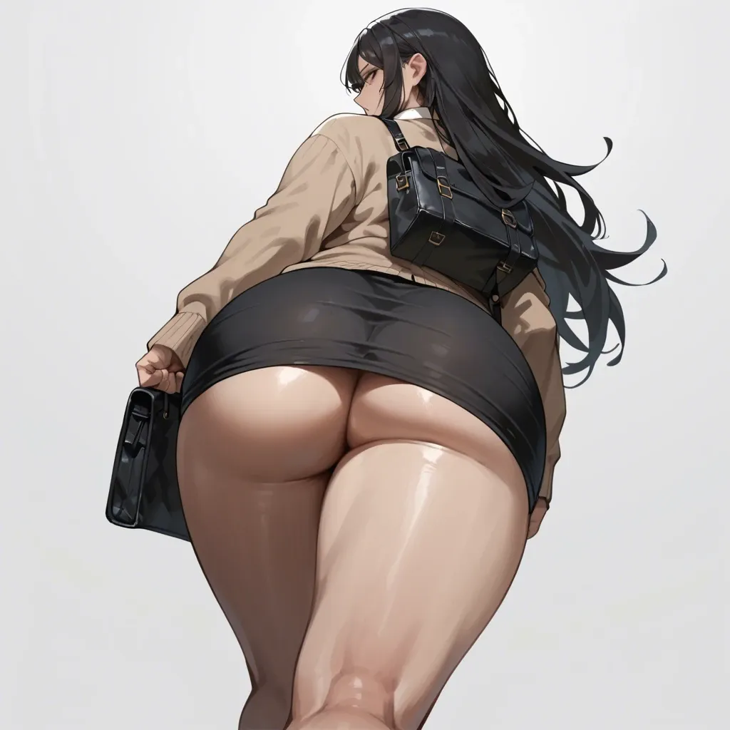 solo,tight skirt,looking ahead,dutch angle,panties,uptightskirt,huge butts,from behind,butts focus,ass focus,behind the face,back focus,cardigan,low angle, black long hair,shoulder bag,simple background,walking,