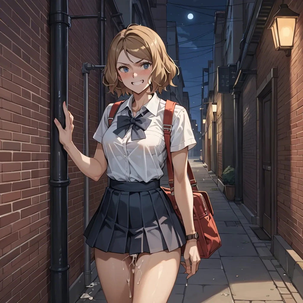 1girl,1boy, , , ,pokemon, Serena in a alleyway, barely 18, smiling, mischievous grin, blush, dark scene, night, warm background lighting, dark foreground,  school uniform, shirtless, flashing vagina, cum in vagina, skirt lift,  thigh sex