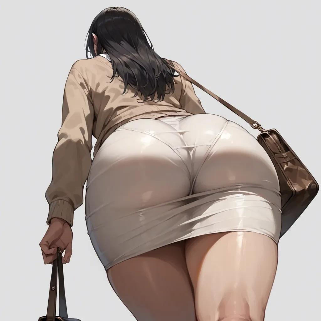 solo,tight skirt,looking ahead,dutch angle,panties,uptightskirt,huge butts,from behind,butts focus,ass focus,behind the face,back focus,cardigan,low angle, black long hair,shoulder bag,simple background,walking,