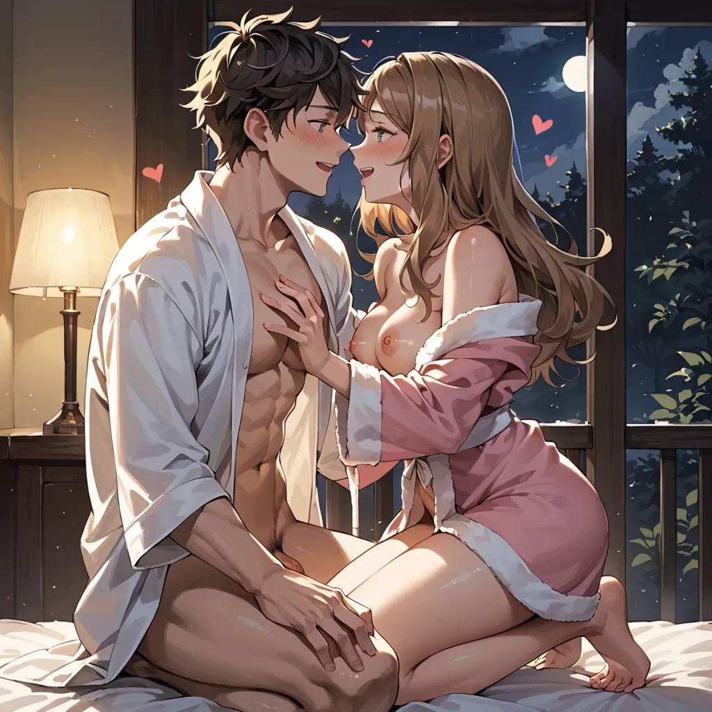 1girl, 1boy, , , , Pokemon, Serena in a hotspring, beautiful, teenager, long hair, open bathrobe, medium breasts, happy, blush, night, dim lighting, hearts in eyes, backlighting, romantic, on knees, looking up, blowjob, cum in mouth, cum on face