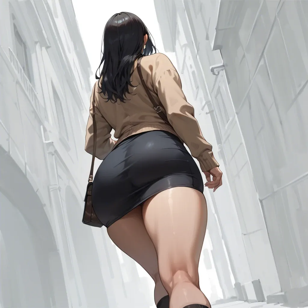 solo,tight skirt,looking ahead,dutch angle,panties,uptightskirt,huge butts,from behind,butts focus,ass focus,behind the face,back focus,cardigan,low angle, black long hair,shoulder bag,simple background,walking,