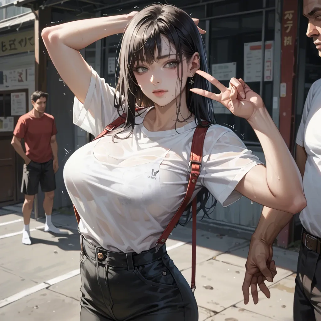 1girl,1boy, , , , dark grey eyes,v hand sign,large breasts,waist,colored skin, mole,arm raised,big tits,breasts shaking,detailed skin, white t-shirt,white socks,suspenders,bikini top lift,black sneakers, hospital room, park, medieval prison, tifa, rapunzel, rapunzel waifu