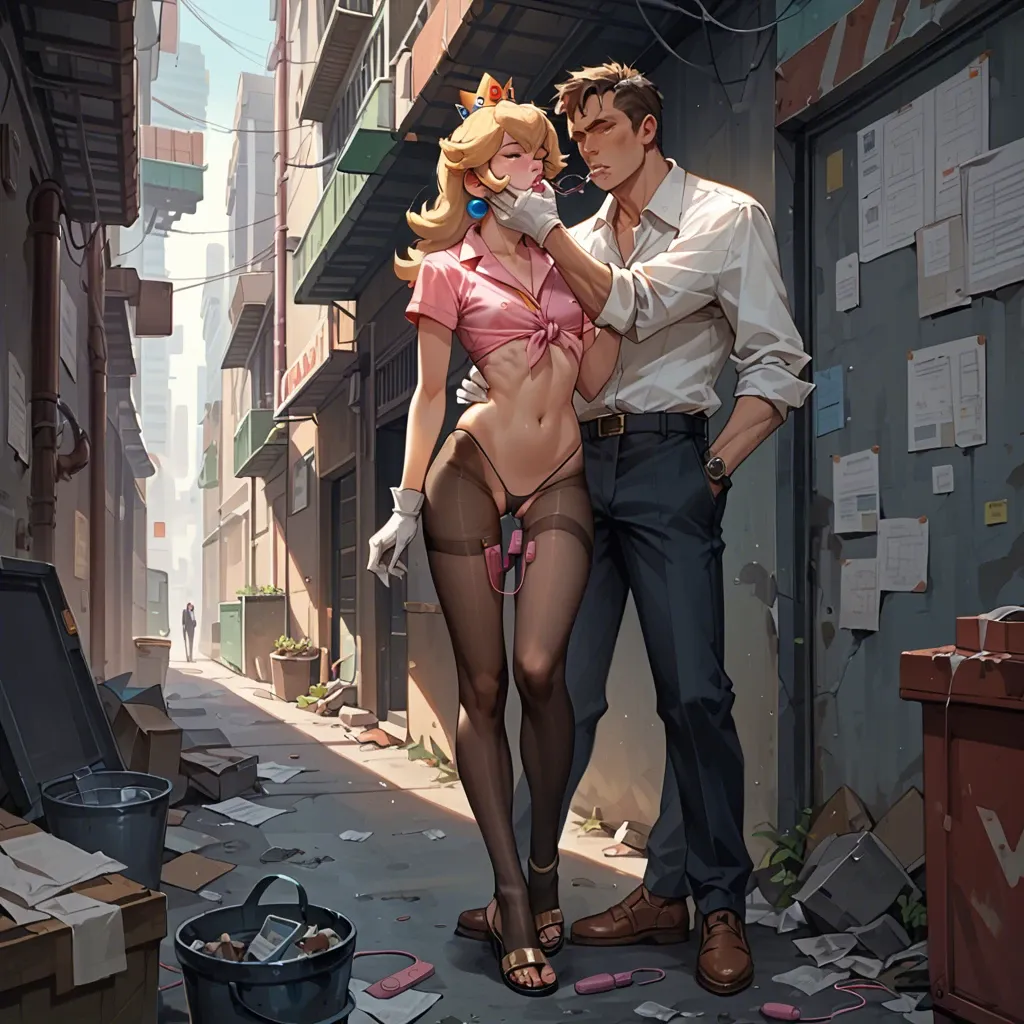 1girl,1boy, , , , bubble in nose,hand over mouth,flat chest,waists,gold on skin, tied shirt,tights,gloves,micro thong,strappy sandals, office lady, alley, spaceship, vibrator, princess peach, spider-gwen, mari makinami