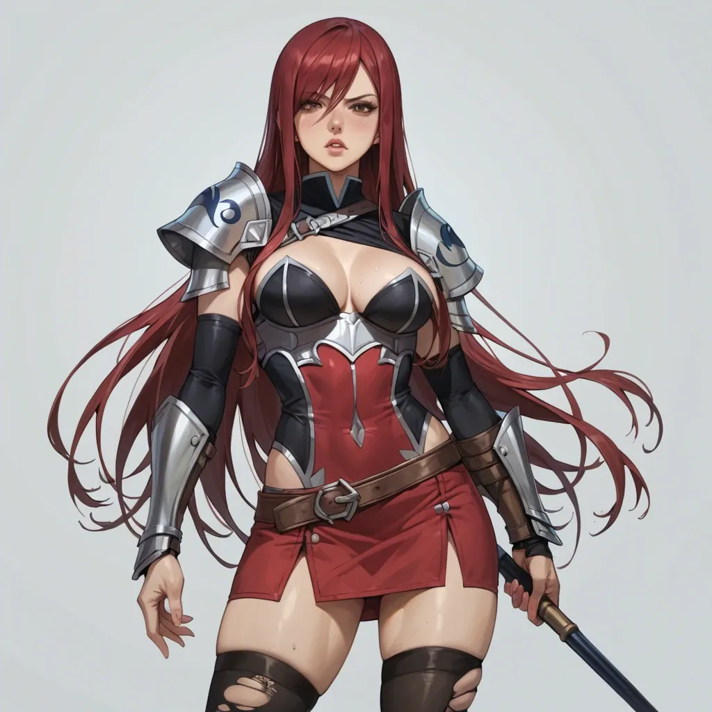 erza scarlet of fairy tail, image refer from fairy tail anime, wearing the clothes Ataraxia Armor torn refer from erza scarlet fairy tail anime series, Wear a full set of the clothes, medium breasts, tall girl, thin body, slim legs, full body image, a fat old man Do it secretly inserting cock in pussy, split legs