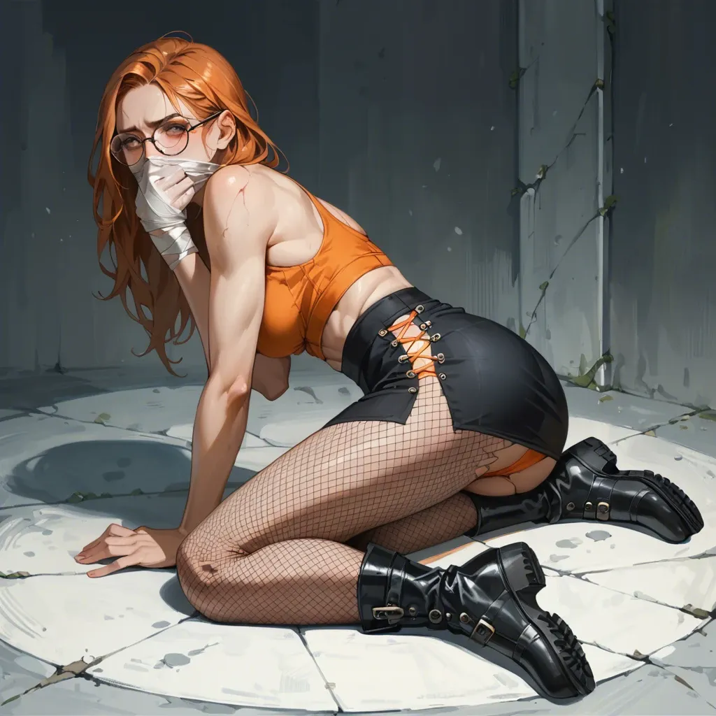 1girl,solo, , , , covered mouth,bare arms,slippery nipple,very slim waist,bare shoulders, skirt,fishnets,tied up,sports bra,black boots, medieval dress,torn pantyhose,circle glasses,orange leotard,stiletto heels, barrel, dark alley, spaceship, unforgettable, digital art, man in the dark, disney princess, ariel waifu