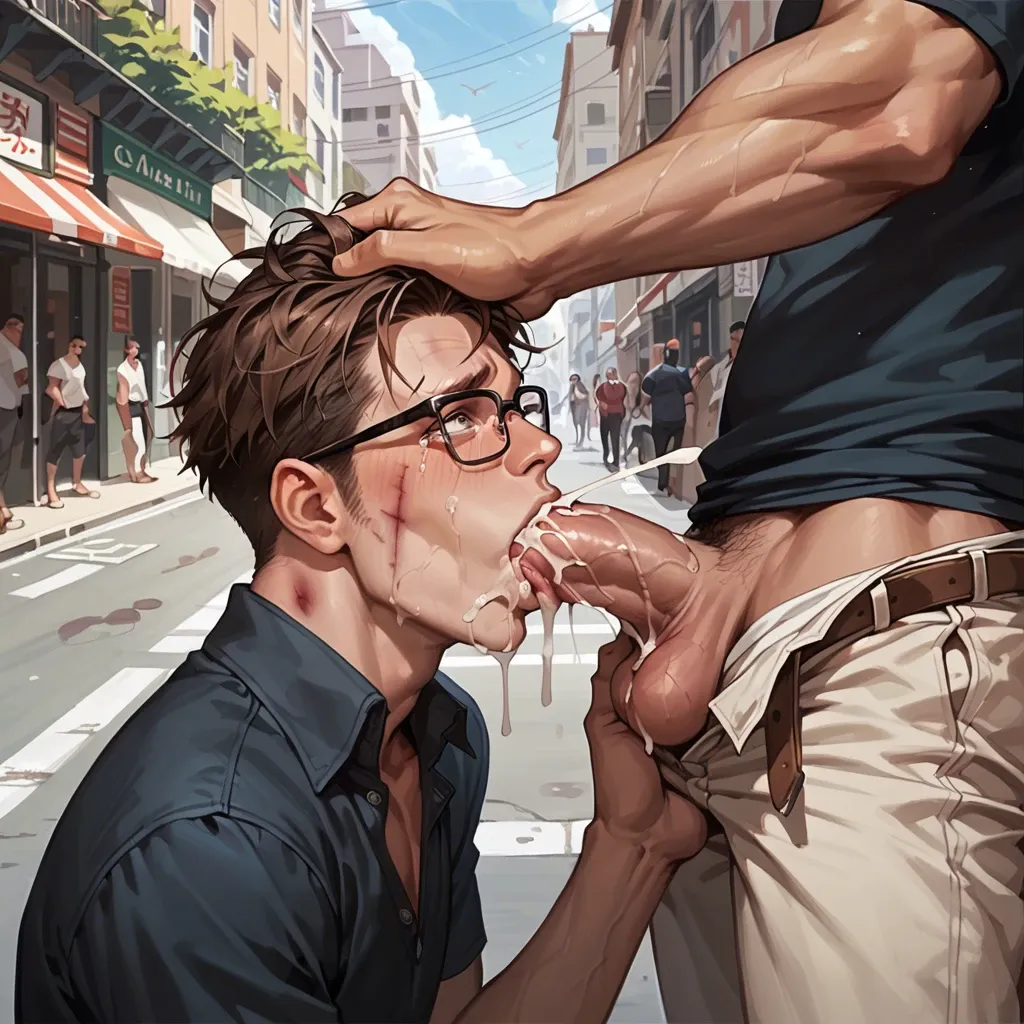 flat chest, brown hair, crying, sucking penis, blowjob, cumshot, head grab, shocked, glasses, street, day, people in background, 2boys, gay, large penis, excessive drool, excessive cum, bruised, cum on hair, cum on face, sidepart hair