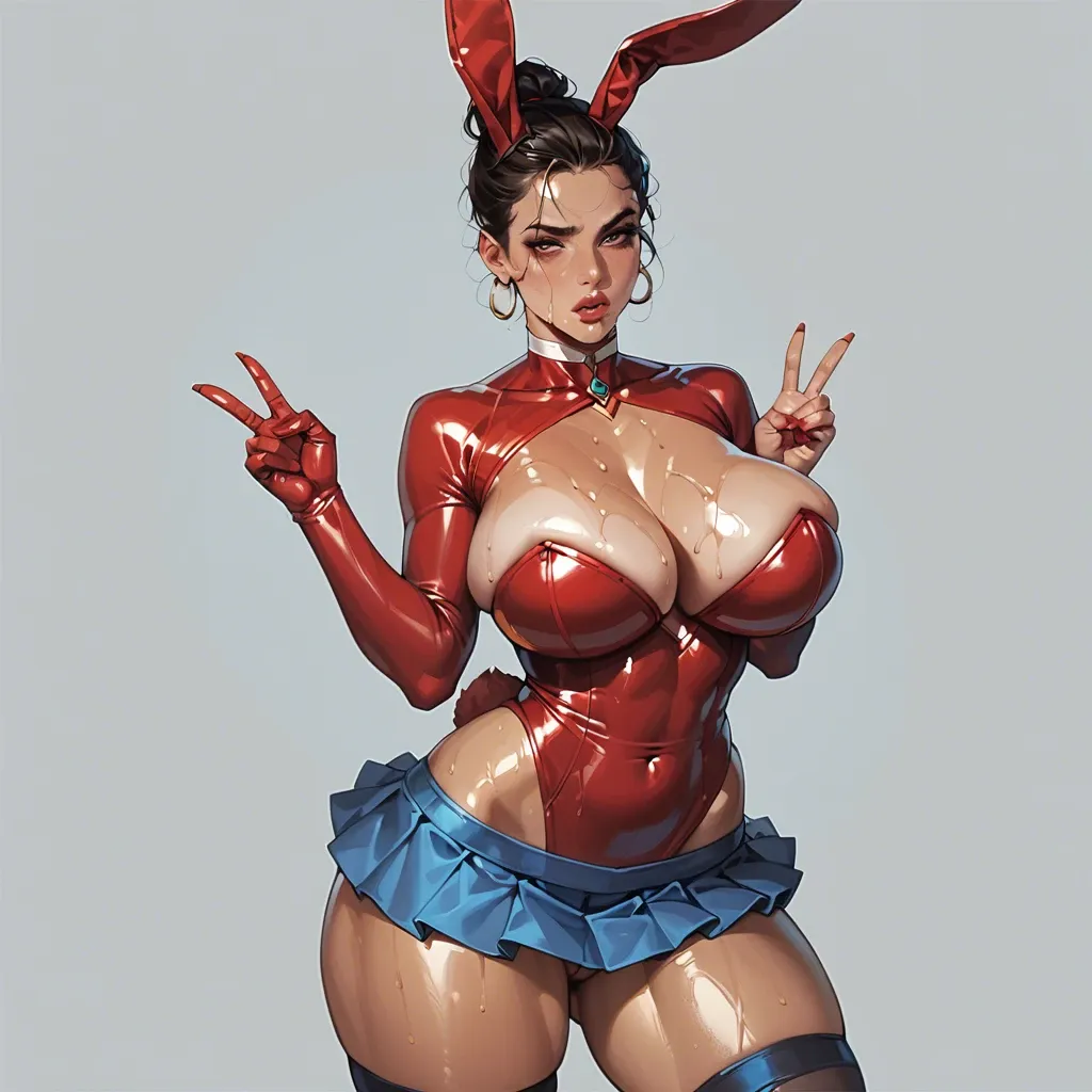 1girl,solo, , , , cheek bulge,sexy thighs,firm breasts,high waisted,oiled skin, nostrils,v hand sign,huge breasts,rabbit tail,clear skin, blue skirt,sexy stockings,jewelry,maroon bodysuit,white sneakers, barbie doll, mountain, medieval tavern, robot joints, mario, spider-gwen