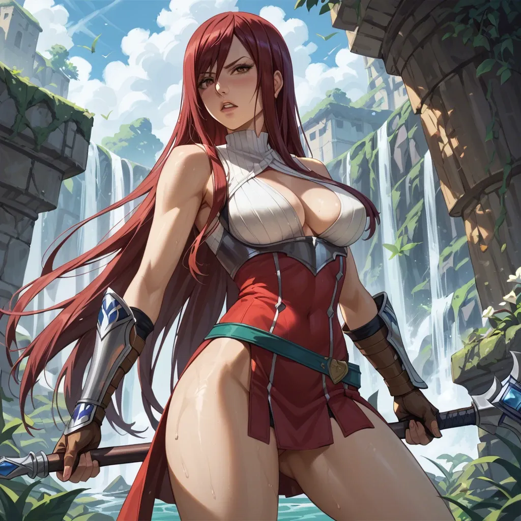 erza scarlet of fairy tail, image refer from fairy tail anime, wearing the clothes Ataraxia Armor broken refer from erza scarlet fairy tail anime series, Wear a full set of the clothes, medium breasts, tall girl, thin body, slim legs, full body image, a fat old man Do it secretly inserting cock in pussy, split legs