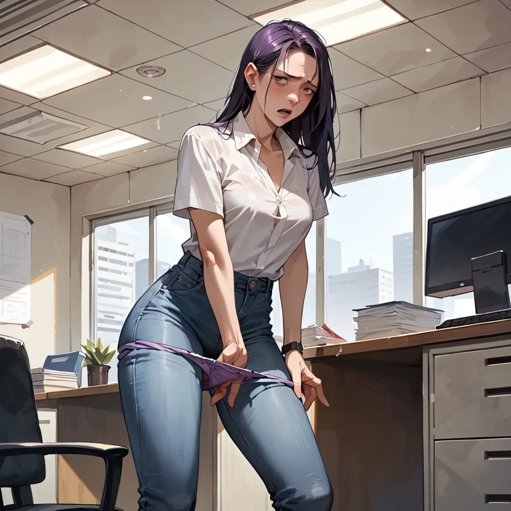 1girl, solo, purple panties, horny, embarassed, hand on panties, in an office, standing up, jeans pulled down, shirt