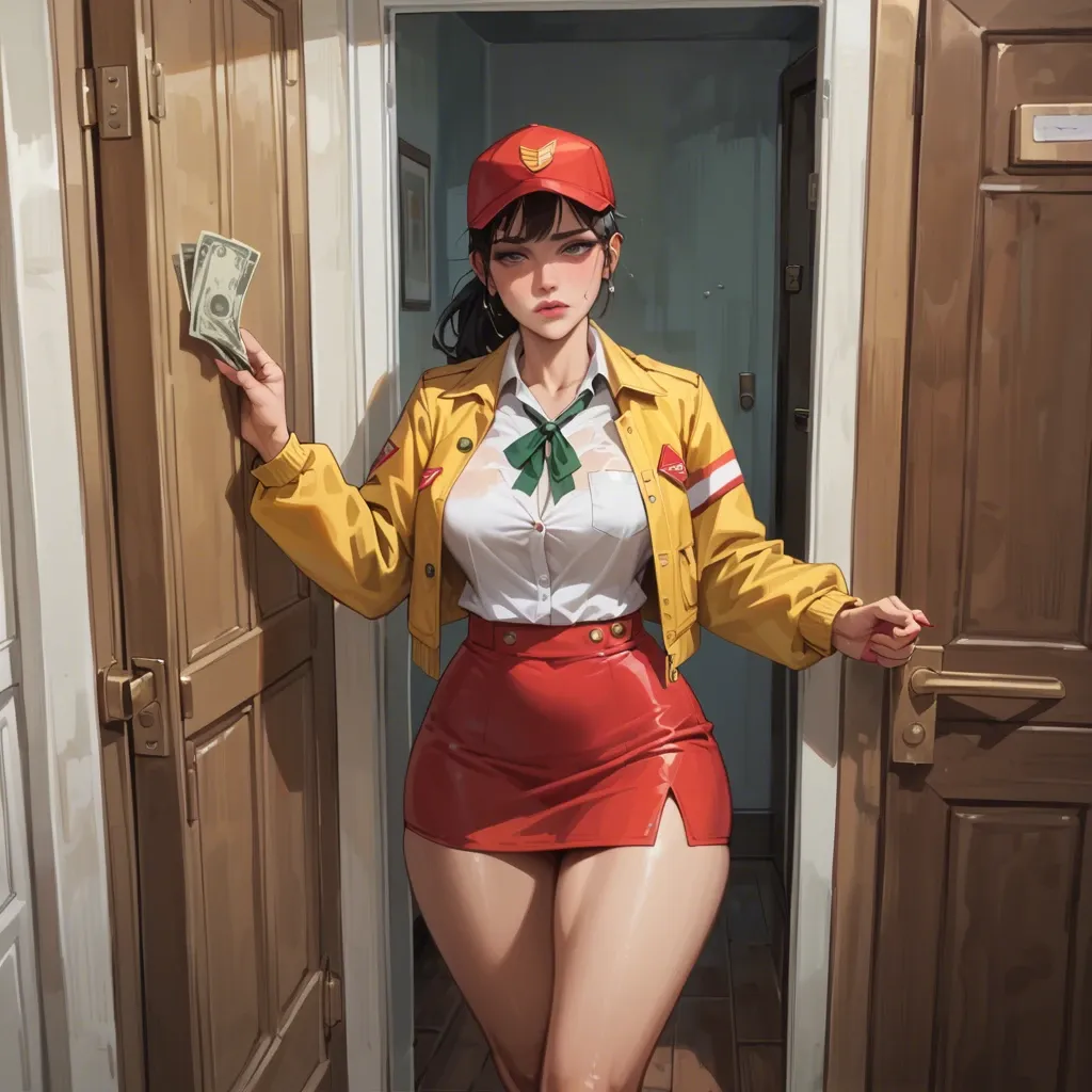 NSFW(masterpiece)(best quality) (illustration)The pizza delivery girl is standing in the doorway in a shy pose, mini skirt, wide hips, very lewd, try to sell herself for money, open her yellow jacket, shows her body (detailed) (intricate)(HDR) (cinematic lighting) (sharp focus)