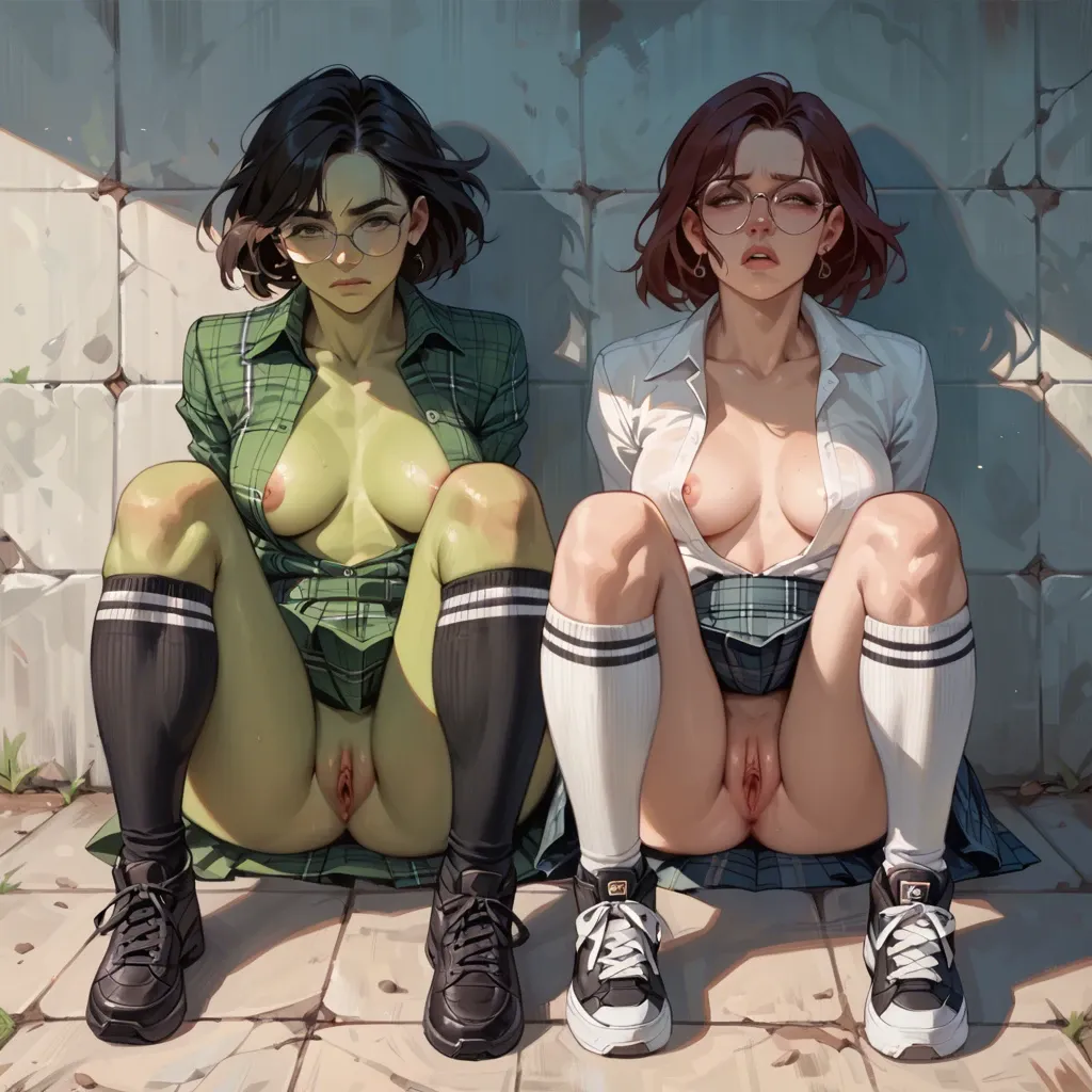 2girl, , , , balls on nose,buried knees,firm breasts,very large hips,foreskin, plaid skirt,knee-high socks,arms tied,green bodysuit,black sneakers, dressed,lacey,circle glasses,no bra,strappy sandals, hospital, on the beach, spaceship, table, source anime, nightdress, lara croft, spider-gwen, dynamic pov