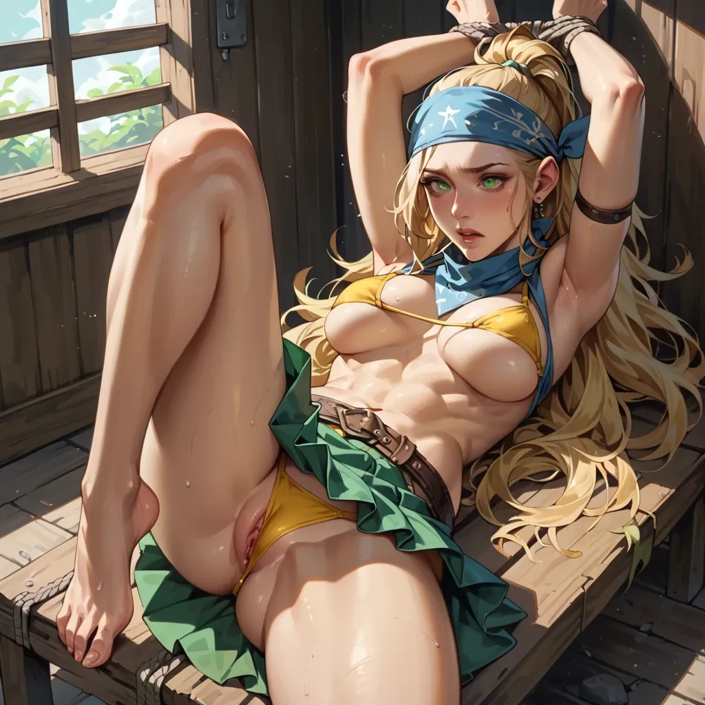 1 woman, rikku, final fantasy 10-2, long blonde hair, tied up hair, green swirl eye, blue bandana, she wears a yellow g-string bikini bra and an olive green mini-skirt, vagina, wearing white ruffle arm sleeves. A long yellow and red scarf hangs loosely around her neck. Wearing the Thief dressphere in combat, . She also wears earrings with the top halves pink and the lower halves white, anal bead