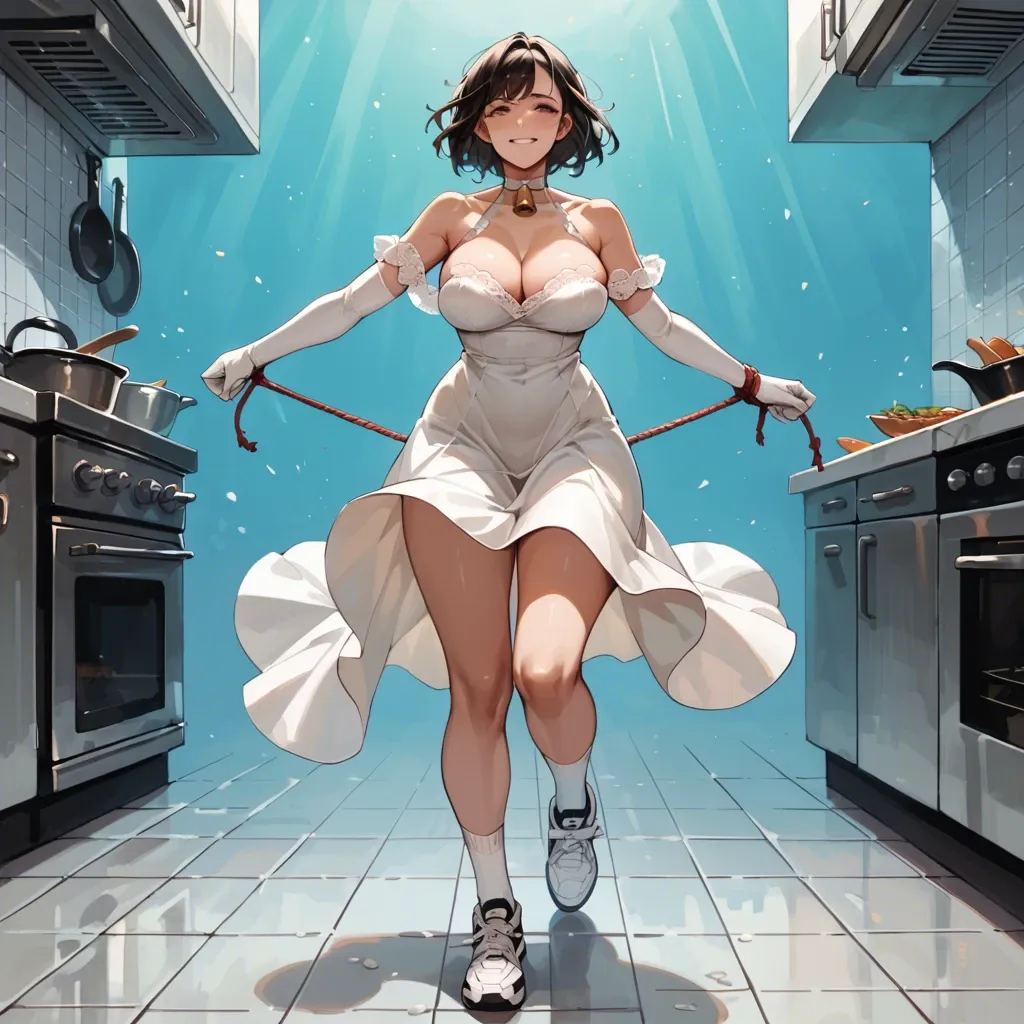 2girl, , , , cute nose,warm smile,round breasts,void background,off shoulders, eye catching,arms tied,huge boobs,medium hips,neck bell, white dress,white socks,elbow gloves,lace thong,running shoes, kitchen, restrained, spaceship, detailed photo, bright sunlight, tifa lockhart, wonder woman, dynamic angle