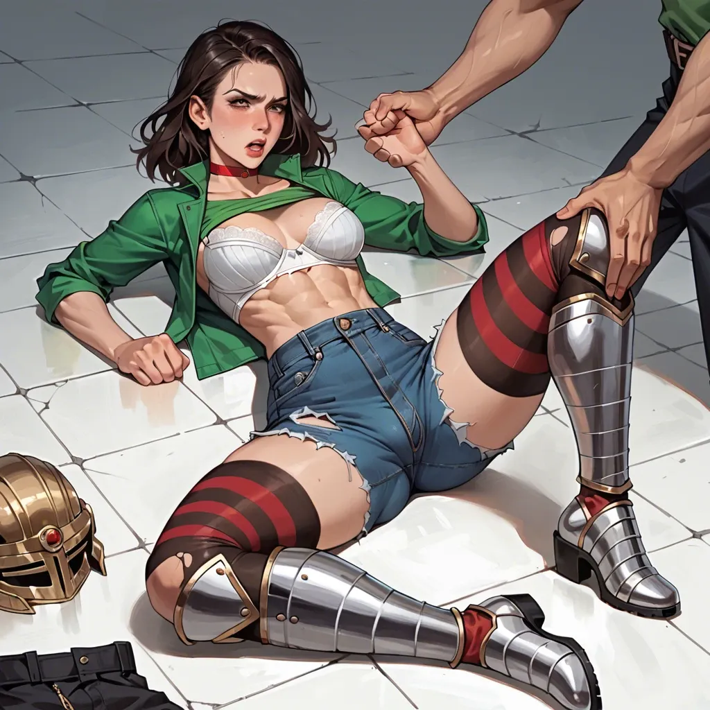 1futa,1boy, , , , cute nose,showing feet,perky tits,elizabeth,clenched waist, jean hotpants,striped,red choker,mesh bodysuit,armored boots, green shirt,torn thighhighs,white bra,gothic boots, sit on a couch, mountains, throne room, table, detailed hand, bright colors, 2b, waifu, large cock