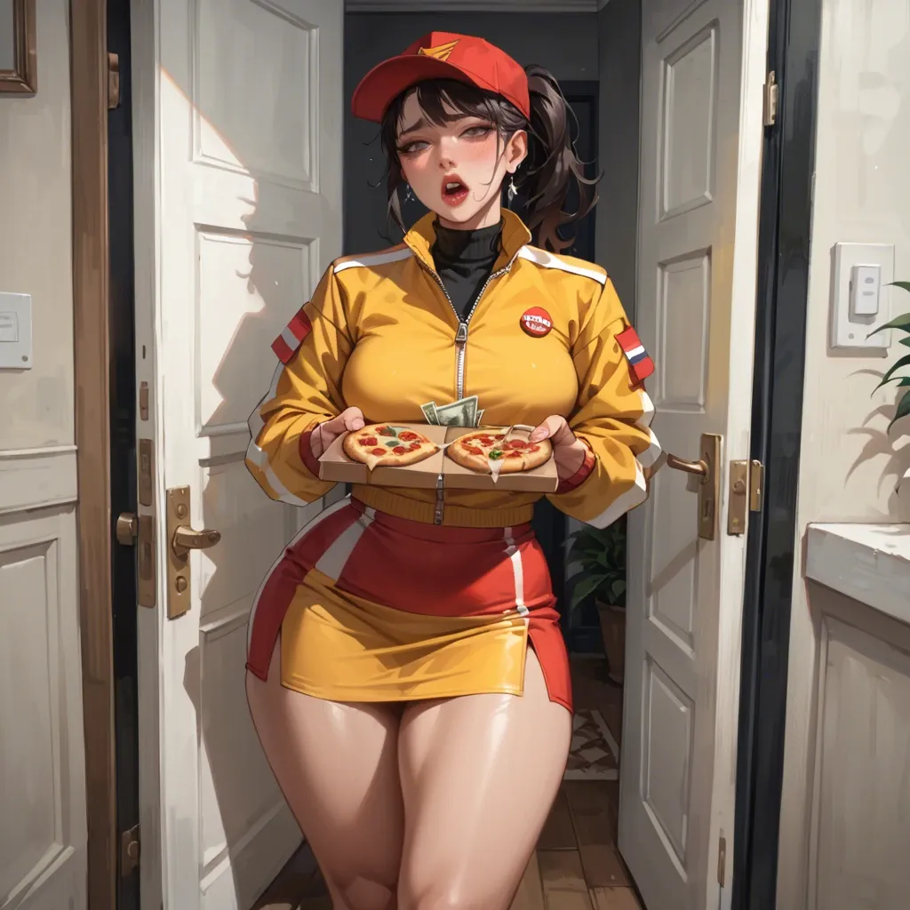 NSFW(masterpiece)(best quality) (illustration)The pizza delivery girl is standing in the doorway in a shy pose, mini skirt, wide hips, very lewd, try to sell herself for money, open her yellow jacket, shows her body (detailed) (intricate)(HDR) (cinematic lighting) (sharp focus)