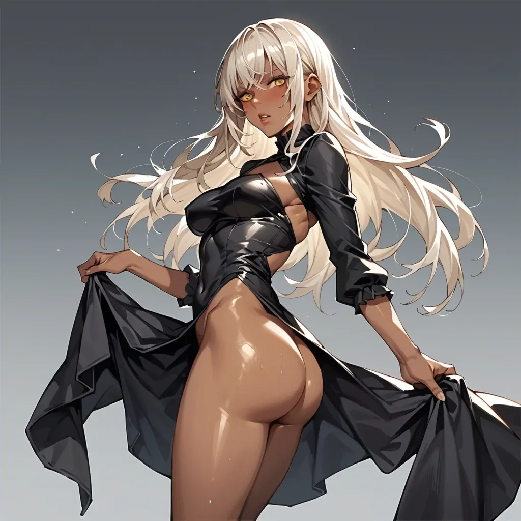 1girl, breasts, dark_skin, dress, solo, covered_navel, long platinum blonde hair, black_dress, 106cm ass, yellow_eyes, v-bangs, looking_at_viewer, blush, parted_lips, elbow_gloves, gloves, bare_shoulders, white_hair, jewelry, earrings, clothing_cutout, bangs, indoors, pelvic_curtain, large_breasts, window, cleavage_cutout, cleavage, black_gloves, curtains, cowboy_shot, lips, sleeveless, hair_intakes, medium_breasts, rage expression, black pantie,  wet pantie