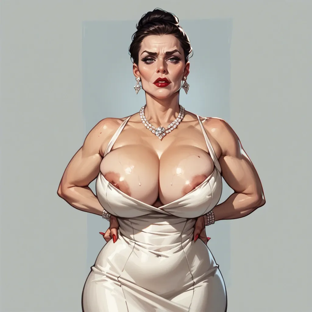 Baron mistress, re dress, cleavage, huge perky tits, squeezed boobs, presents tits, lusty milf, full shot, elegant whore