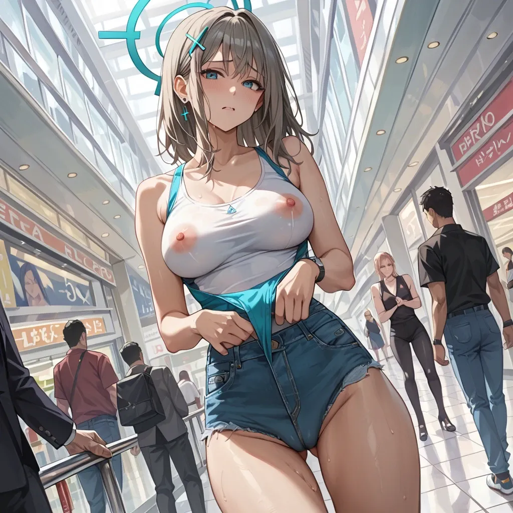 Shiroko (blue archive) extra large breast ,perfect pussy,sad-cute face,with mini singlet and mini jeans  in a mall