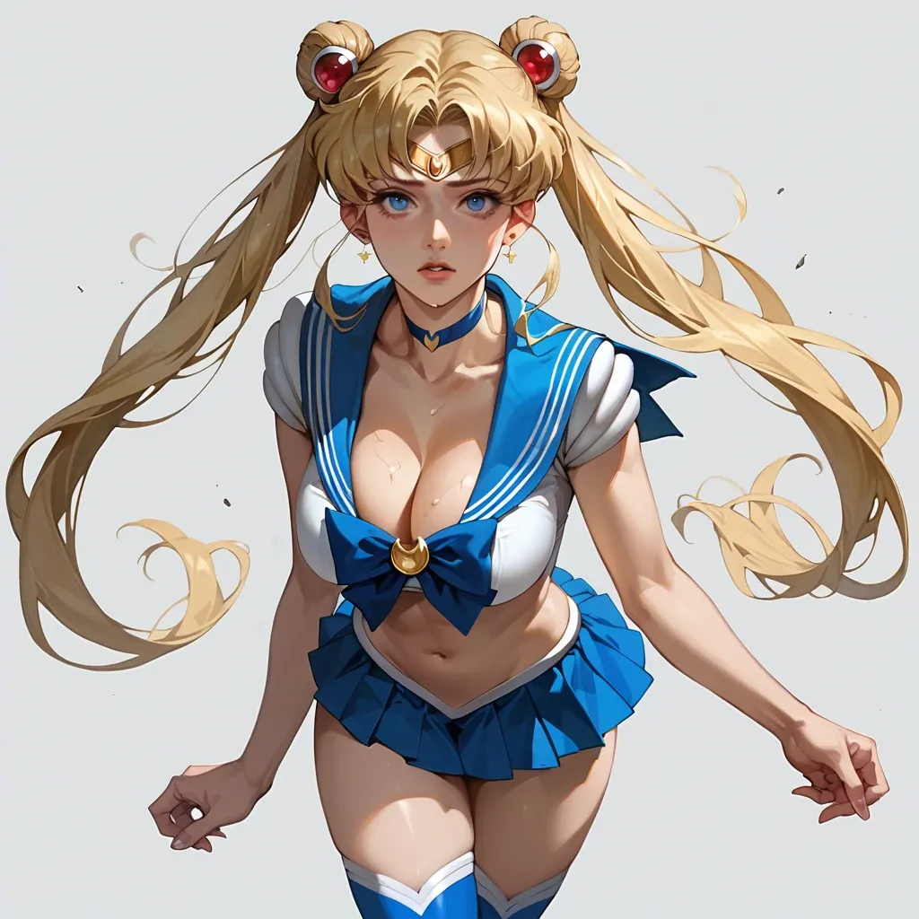 tsukino usagi, sailor moon, 1girl, solo, long hair, breasts, looking at viewer, large breasts, blonde hair,hair bun,double bun,twintails, hair ornament, thighhighs, navel, cleavage, blue eyes, jewelry, underwear, panties, flower, earrings, spread legs, necklace, bra, high heels, bracelet, white thighhighs, thigh strap, squatting, white footwear, purple lips, white panties, white bra