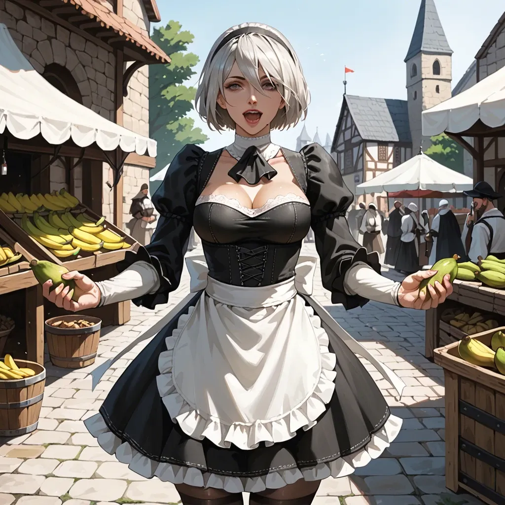 Yorha 2b, happy, medieval marketplace, stealing bananas, medieval maid skirt