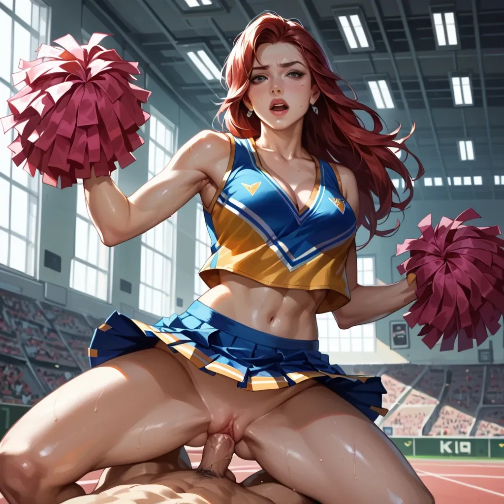 Kirikop Overwatch, cowgirl sex, girl on top, straddling, sit astride, hands on cheerleader pompoms, cheerleader costume, midriff, pleated skirt, penis in vagina, masterpiece, hyperrealistic lighting