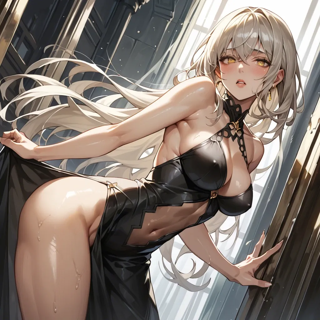 1girl, breasts, dark_skin, dress, solo, covered_navel, long platinum blonde hair, black_dress, 106cm ass, yellow_eyes, v-bangs, looking_at_viewer, blush, parted_lips, elbow_gloves, gloves, bare_shoulders, white_hair, jewelry, earrings, clothing_cutout, bangs, indoors, pelvic_curtain, large_breasts, window, cleavage_cutout, cleavage, black_gloves, curtains, cowboy_shot, lips, sleeveless, hair_intakes, medium_breasts, rage expression, black pantie,  wet pantie