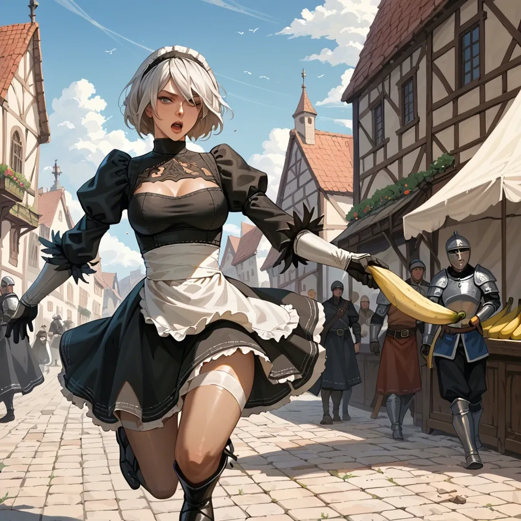 Yorha 2b, fun expression, chased, medieval marketplace, running, holding a banana, guards running behind her, medieval maid skirt,  slim body, hundred guards, thousand guards,chased