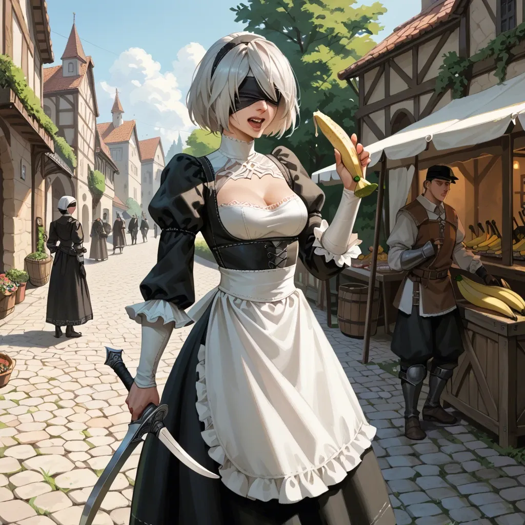 Yorha 2b, happy, medieval marketplace, sneaking, holding a banana, medieval maid skirt,  slim body,  angry guards