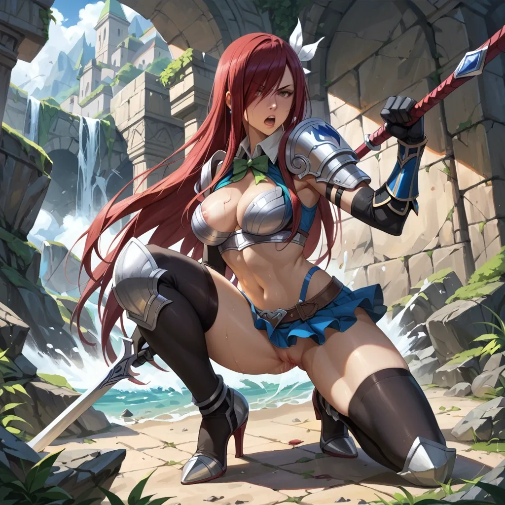 full body image, erza fighting, erza scarlet of fairy tail, image refer from fairy tail anime, wearing the clothes Ataraxia Armor bra broken refer from erza scarlet fairy tail anime series, Wear a full set of the clothes, medium breasts, tall girl, thin body, slim legs, face refer from erza scarlet fairy tail, a fat old man Do it secretly inserting cock in pussy