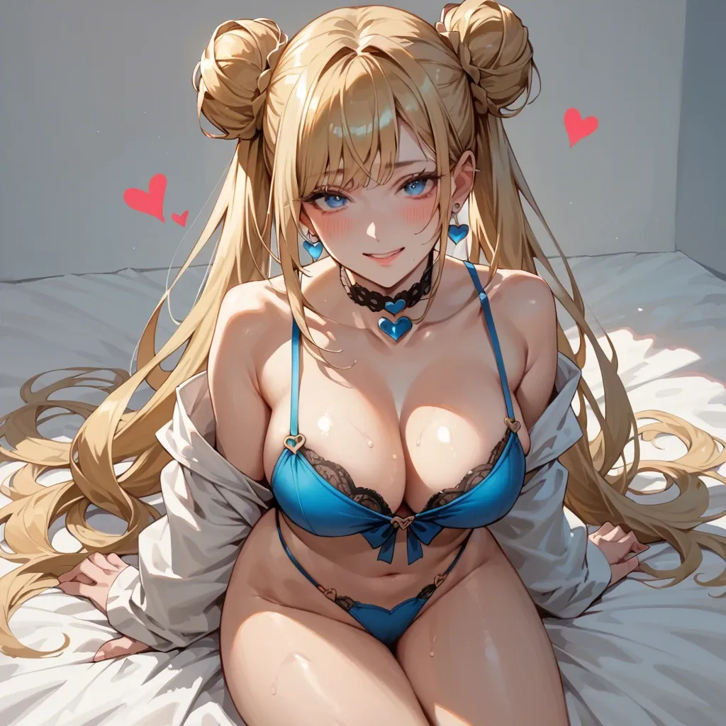 1girl, solo, long hair, breasts, looking at viewer, blush, smile, bangs, large breasts, blonde hair ,blue eyes , cleavage, twintails, very long hair, heart, thighs, earrings, choker,double bun,hair bun, midriff, hair bun, huge breasts, lips, double bun, thighhighs, sitting, very long hair, nipples, censored, parted lips, pussy, shiny, mosaic censoring, arm up, pubic hair, bodysuit, makeup, wariza, female pubic hair, breasts out, robot, mecha, arm behind head, on floor, pilot suit