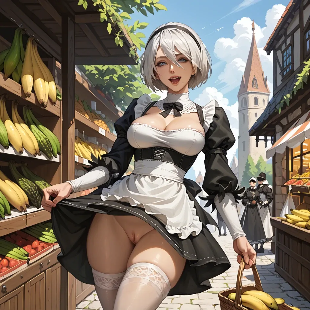 Yorha 2b, happy, medieval marketplace, shopping bananas, medieval maid skirt